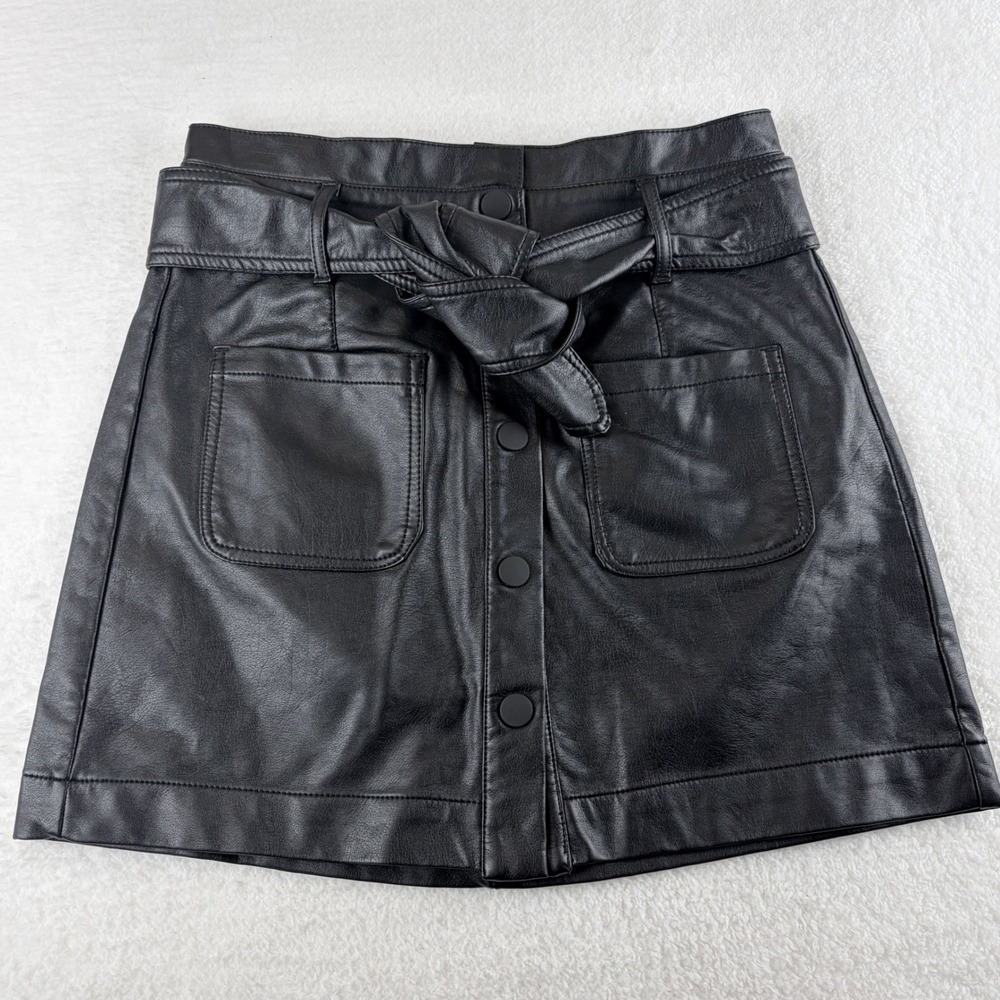 tgla Black Vegan Leather Button Front Tie Waist Mini Skirt Size Small